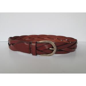 Chico's Womens Brown Leather Woven Braided Silver Buckle Belt Size S to M